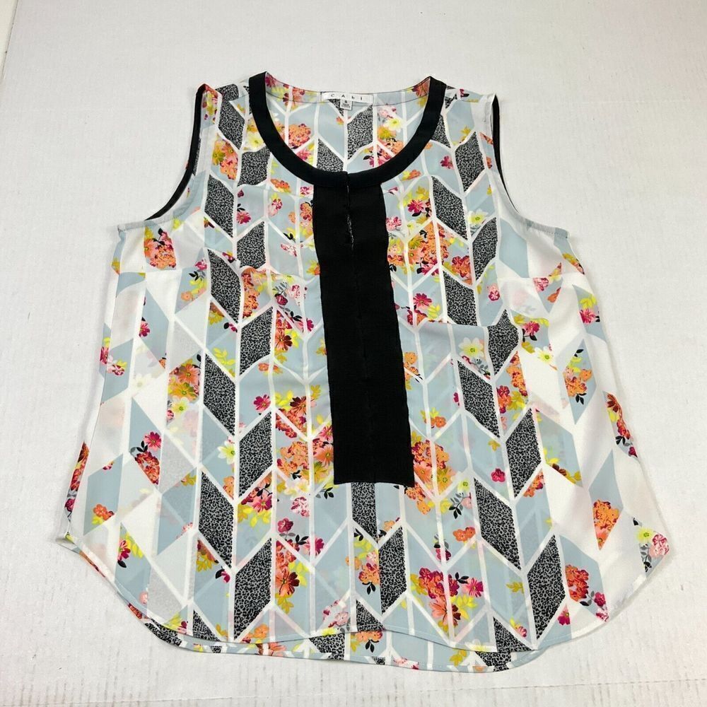 Cabi Womens Scoop Neck Blouse Mixed Colorful Print Sleeve Lightweight Shirt Smal